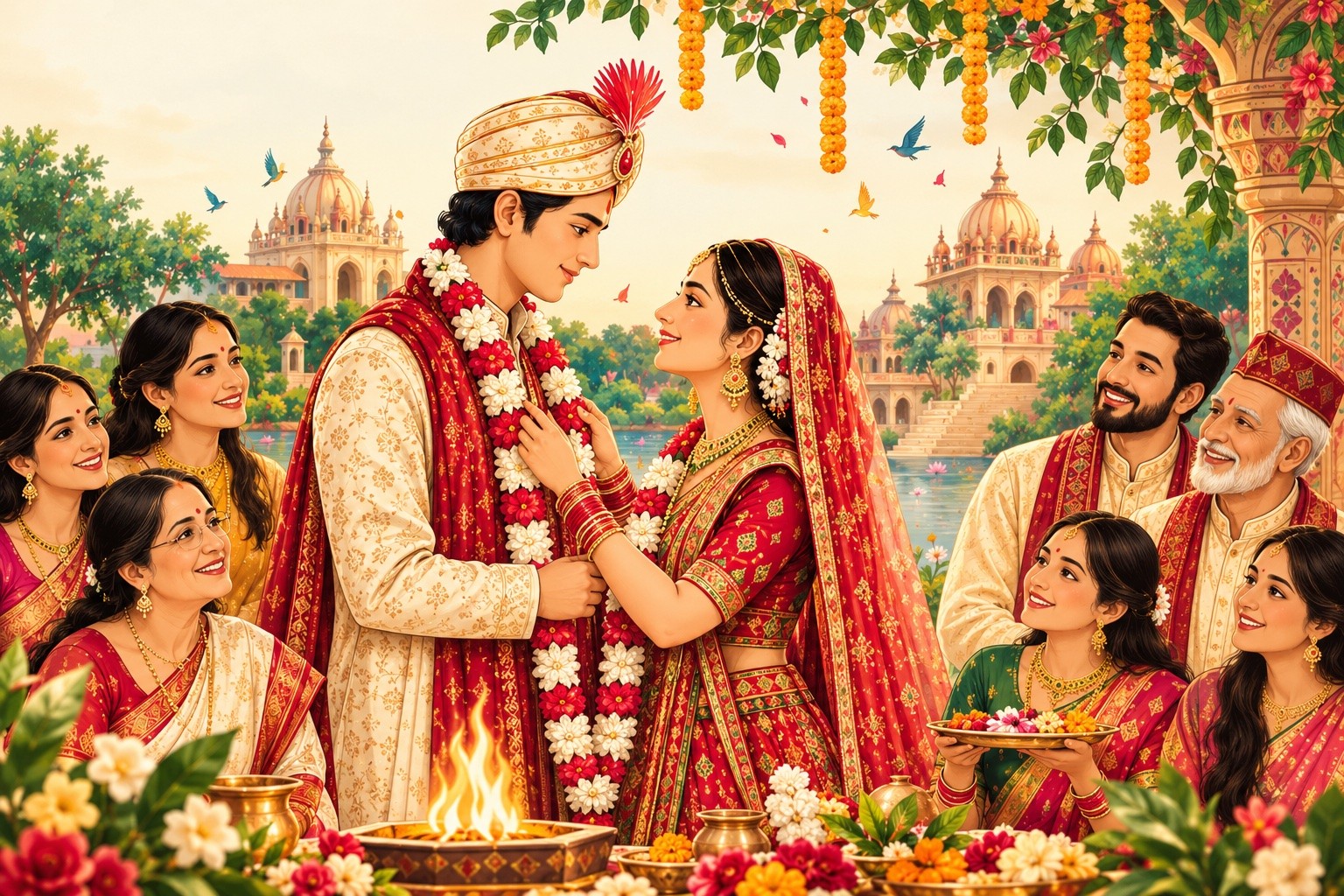 A Mithila bride and groom exchanging wedding garlands, surrounded by family